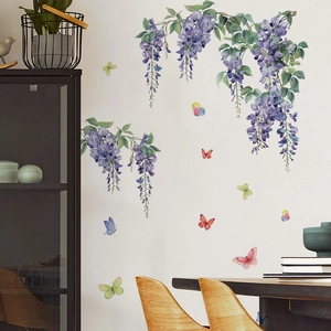 Sticker Mural Glycine Violette Papillon Coloré Aquarelle Florale PVC Autocollant Décoration Maison Sticker Mural
