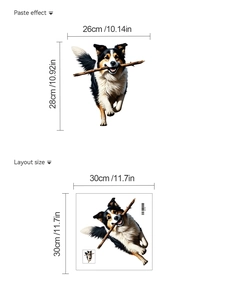 Detail view of Border Collie dog sticker layout and applied size 26x28cm measurements