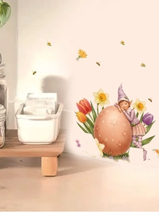 Detail of Easter wall sticker with cute elf girl, giant painted egg and tulips