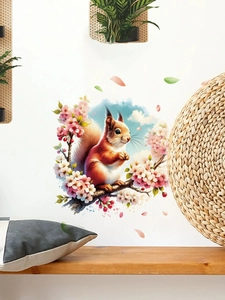 Detailed wall sticker featuring a realistic squirrel on a blooming peach branch decoration