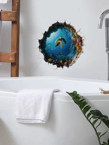 3D ocean turtle wall sticker with coral reef scene in a bathroom setting