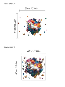 Detail view showing layout and paste size for unicorn and butterfly wall stickers
