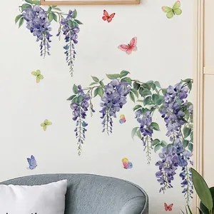 Stickers muraux glycine violette et papillons colorés pour décoration de salon