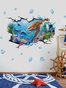 Detailed 3D ocean wall stickers featuring turtles and coral for bathroom decor