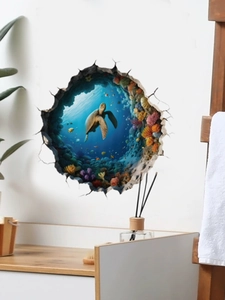 Detail of 3D sea turtle wall sticker showing realistic wall break effect and coral reef
