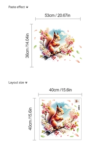 Detail showing squirrel on peach blossom wall sticker with layout and paste effect dimensions