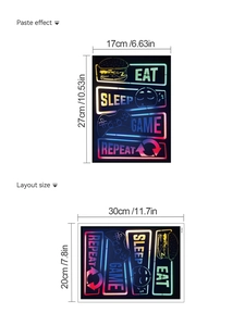 Détail stickers néon gamer montrant les dimensions 17x27cm et la taille 30x20cm