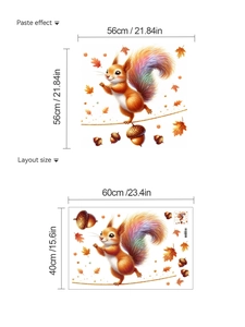 Detail of cute squirrel wall stickers with rainbow tail and autumn leaves layout size