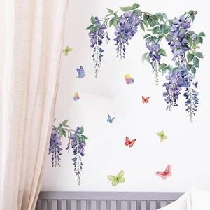 Stickers muraux de glycine violette et papillons colorés pour décoration de salon