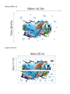 3D sea turtle ocean wall sticker layout and paste effect dimensions guide