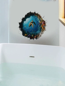 3D ocean sea turtle wall decal with vibrant coral reef and broken wall effect for bathroom