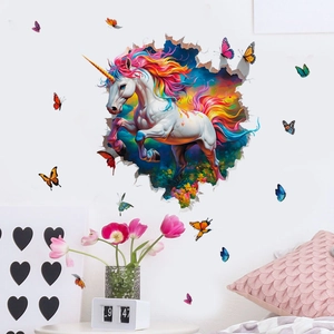 Creative 3D Unicorn Butterfly Wall Sticker PVC Waterproof Rainbow Animal Removable Mural For Kids Bedroom Home Decor SC126