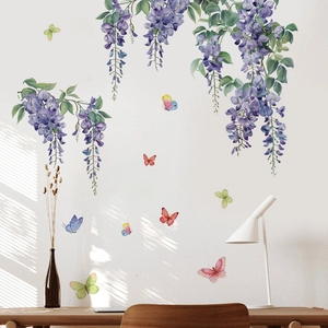 Stickers muraux glycine violette et papillons colorés pour décoration intérieure