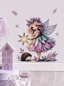Detail der Feen-Wandtattoo mit lila Flügeln und Igel für die Mädchenzimmer-Deko