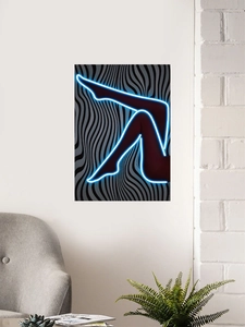 Blue neon female leg art wall decal displayed in a modern living room setting