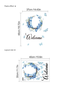 Adesivo da parete ghirlanda blu Welcome con dimensioni del layout e dell'effetto finale