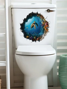 3D sea turtle wall sticker detail showing coral reef design on a white bathroom tank