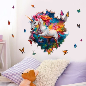 3D rainbow unicorn and butterfly wall stickers for kids bedroom decor