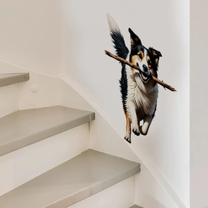 3D border collie dog with stick wall decal for living room and bedroom decoration