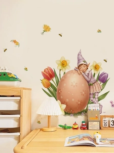 Detail of Easter elf sleeping on tulip egg wall sticker in a warm nursery room setting