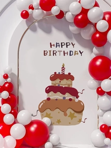 Detail der rot-weißen Ballonbogen-Deko mit Happy Birthday Torten-Illustration