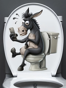Close-up of a funny cartoon donkey sitting on toilet wall decal on a white toilet lid