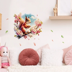 Peach blossom squirrel wall stickers for living room decor featuring a red squirrel on branch