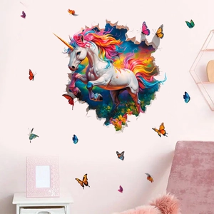 3D rainbow unicorn wall sticker with colorful butterflies for girls bedroom decor