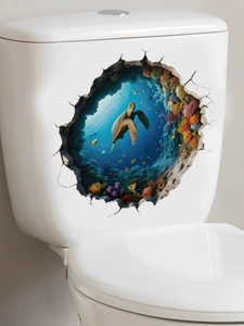 Detailed 3D ocean wall sticker featuring a sea turtle and coral on a toilet tank