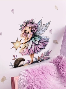 Detail eines Feenmädchens mit rosa Haaren und Igel-Wandaufkleber für das Schlafzimmer