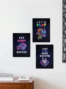 Three-piece set of neon-style gaming wall art decals featuring gamepads and slogans