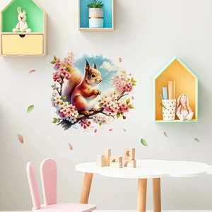 Watercolor squirrel and cherry blossom wall stickers for nursery and living room decor