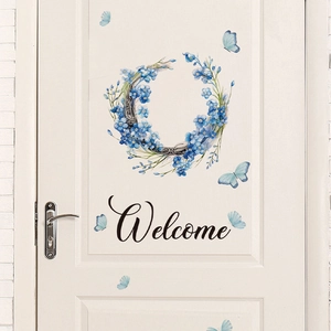 Adesivo Murale Welcome Ghirlanda Fiori Blu PVC Rimovibile Farfalla Decalcomania Porta Per Soggiorno Camera Da Letto Casa