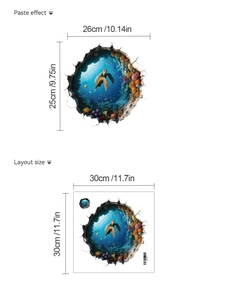 Detail showing 3D ocean wall decal layout and application size with sea turtles
