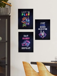Three-piece neon gaming wall art set with Let's Play and Eat Sleep Repeat slogans