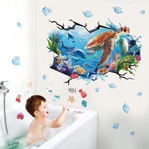 3D ocean world wall stickers with turtles and dolphins for kids bathroom decor