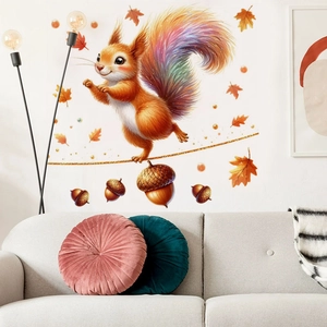 Cute cartoon squirrel wall sticker with autumn acorns and leaves on white wall decoration