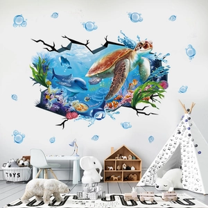 3D ocean sea turtle and dolphin wall decals with realistic cracked wall effect for kids room
