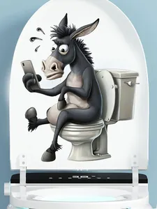 Funny donkey sitting on toilet using phone wall sticker for bathroom decor