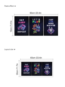Three-piece gaming wall sticker set showing dimensions and neon eat sleep repeat pattern