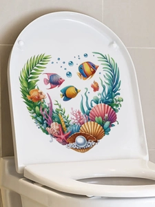 Waterproof heart-shaped tropical fish and coral wall sticker on white toilet lid
