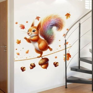 Cartoon squirrel and maple leaves wall decal on white wall for living room decor