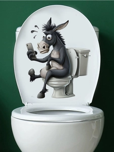 Funny donkey sitting on toilet using phone decal applied to white bathroom toilet lid
