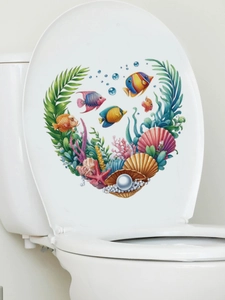 Ocean themed heart-shaped toilet lid sticker with colorful tropical fish and coral