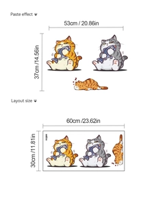 Detail of cute cartoon cat wall stickers showing both paste effect and layout dimensions