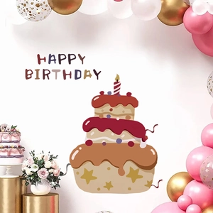 Bunter dreistöckiger Torten-Wandaufkleber mit Happy Birthday Schriftzug und Goldsternen
