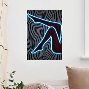 Modern neon blue female leg silhouette wall art poster on a minimalist living room wall