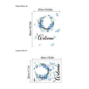 Adesivo murale ghirlanda di fiori blu welcome con farfalle per decorazione porte