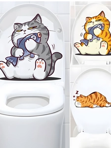 Detail of waterproof PVC cat stickers with fish for bathroom toilet decoration