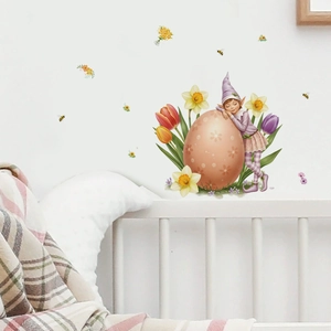 Easter wall sticker with gnome leaning on flower egg surrounded by colorful tulips